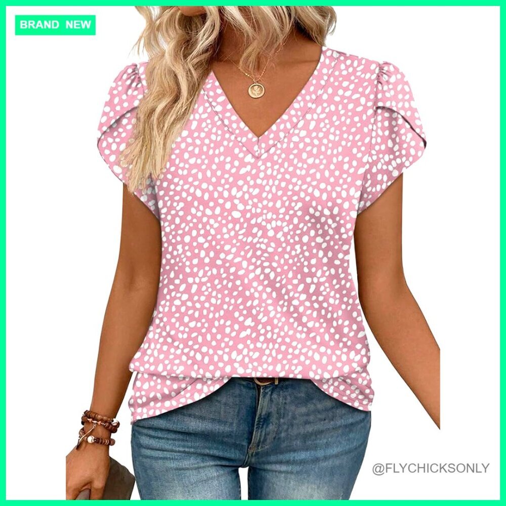 V-Neck Petal Sleeve Blouse, Polyester Spandex Blend, Work Casual Tunic